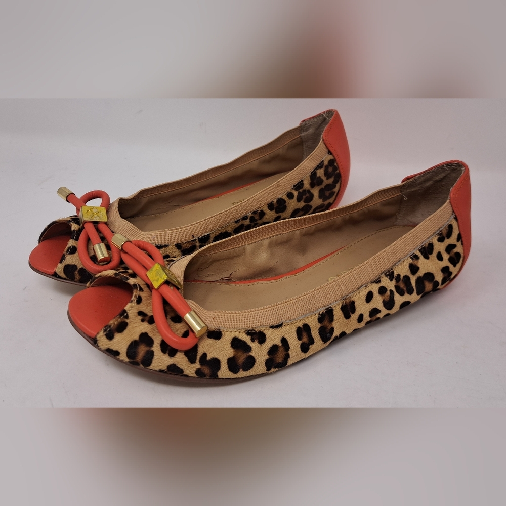 Arturo Chiang Womens Ballet Flats Leopard Cheetah Orange Bow Open Toe 6 US 36 EU